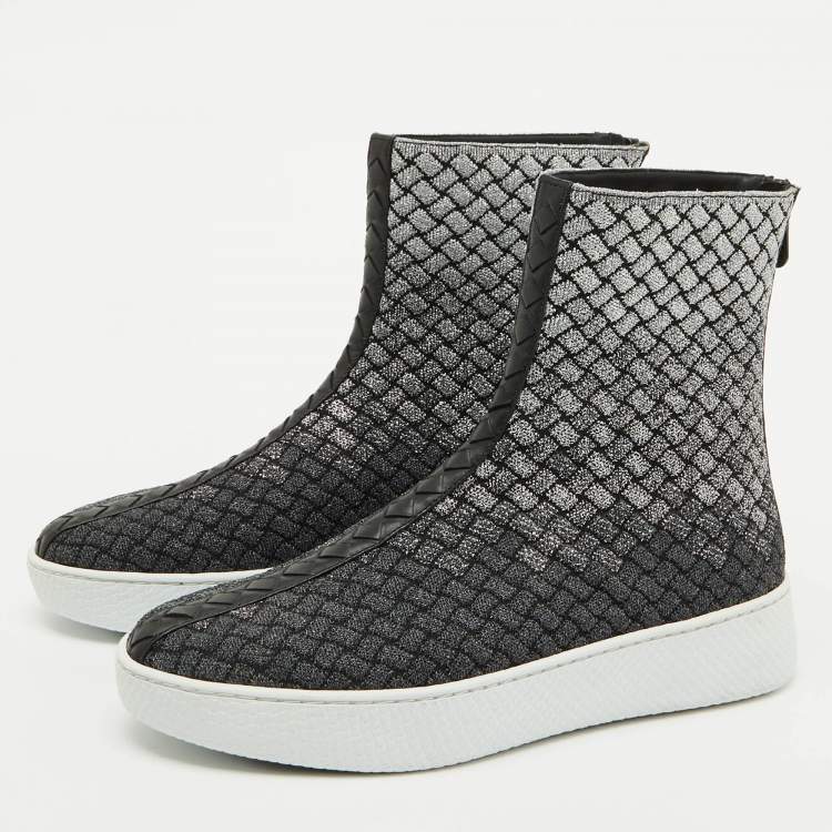 Pre Owned Bottega Veneta Black/Silver Intrecciato Metallic Lurex Fabric Sneaker Boots Size 40