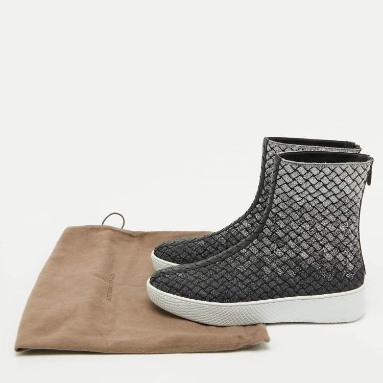 Pre Owned Bottega Veneta Black/Silver Intrecciato Metallic Lurex Fabric Sneaker Boots Size 40