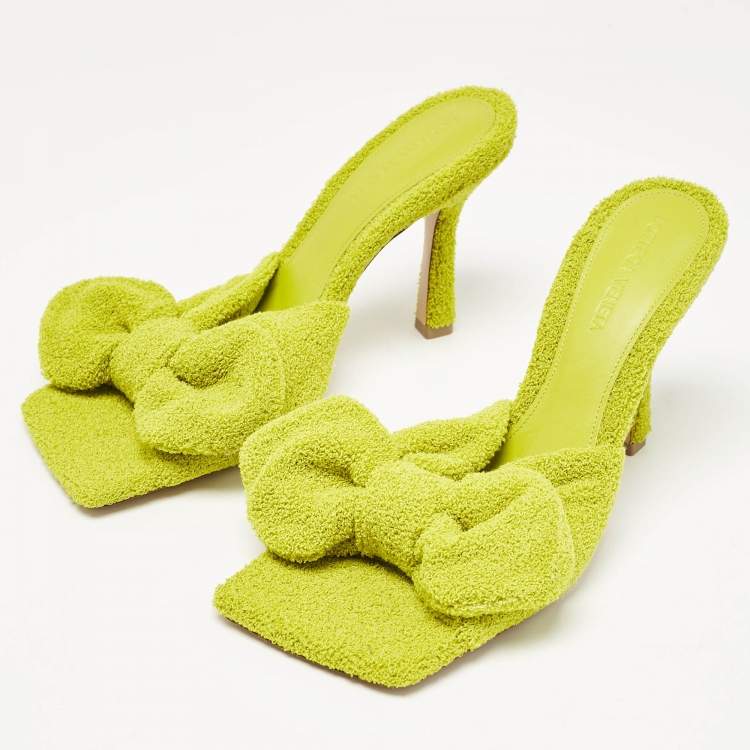 Pre Owned Bottega Veneta Green Terry Fabric Bow Slide Sandals Size 38