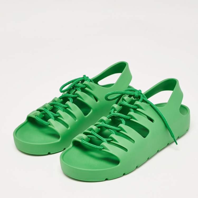 Pre Owned Bottega Veneta Green Rubber Lace Up Flat Sandals Size 39