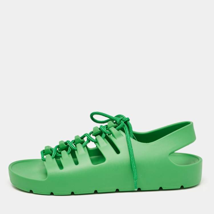 Pre Owned Bottega Veneta Green Rubber Lace Up Flat Sandals Size 39