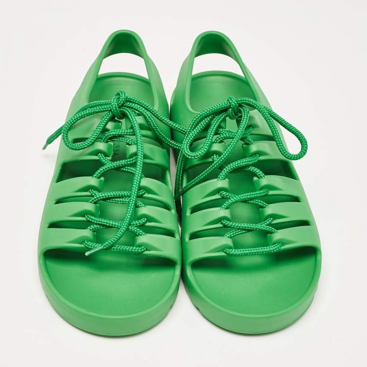 Pre Owned Bottega Veneta Green Rubber Lace Up Flat Sandals Size 39