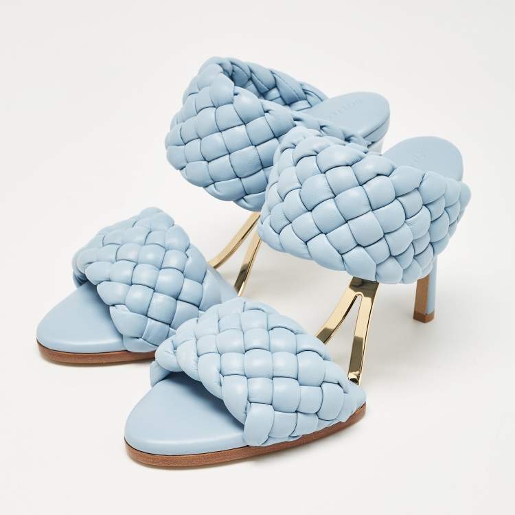 Pre Owned Bottega Veneta Light Blue Intreciato Leather and Metal The Curve Slide Sandals Size 36