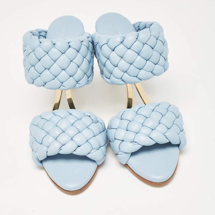 Pre Owned Bottega Veneta Light Blue Intreciato Leather and Metal The Curve Slide Sandals Size 36