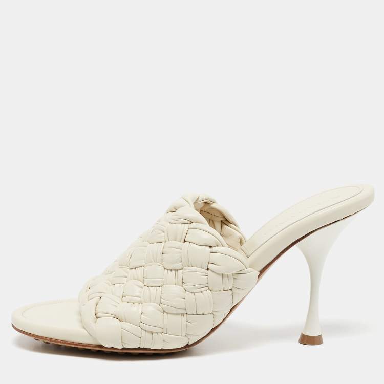 Pre Owned Bottega Veneta Off White Intrecciato Leather Dot Wave Slide Sandals Size 40