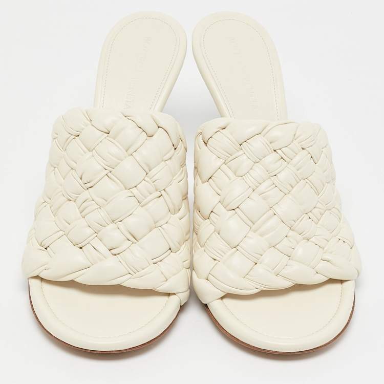 Pre Owned Bottega Veneta Off White Intrecciato Leather Dot Wave Slide Sandals Size 40