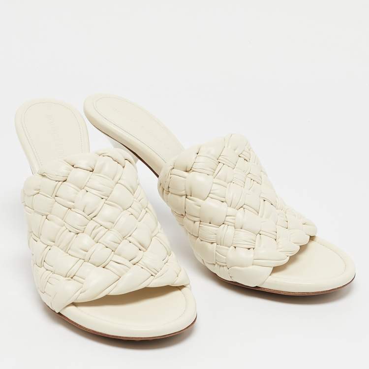 Pre Owned Bottega Veneta Off White Intrecciato Leather Dot Wave Slide Sandals Size 40