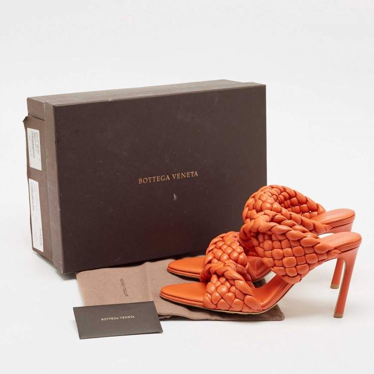 Pre Owned Bottega Veneta Orange Intrecciato Leather Curve Slide Sandals Size 39