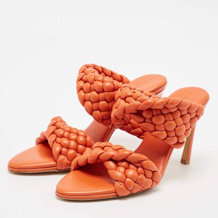 Pre Owned Bottega Veneta Orange Intrecciato Leather Curve Slide Sandals Size 39