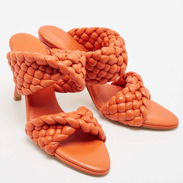 Pre Owned Bottega Veneta Orange Intrecciato Leather Curve Slide Sandals Size 39