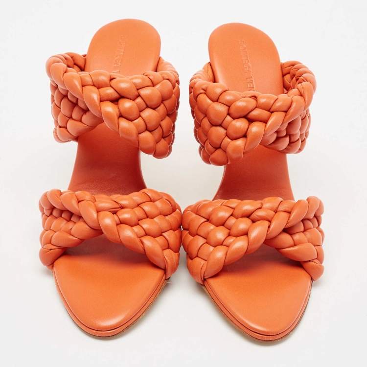 Pre Owned Bottega Veneta Orange Intrecciato Leather Curve Slide Sandals Size 39