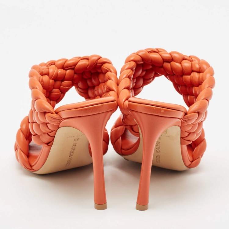 Pre Owned Bottega Veneta Orange Intrecciato Leather Curve Slide Sandals Size 39