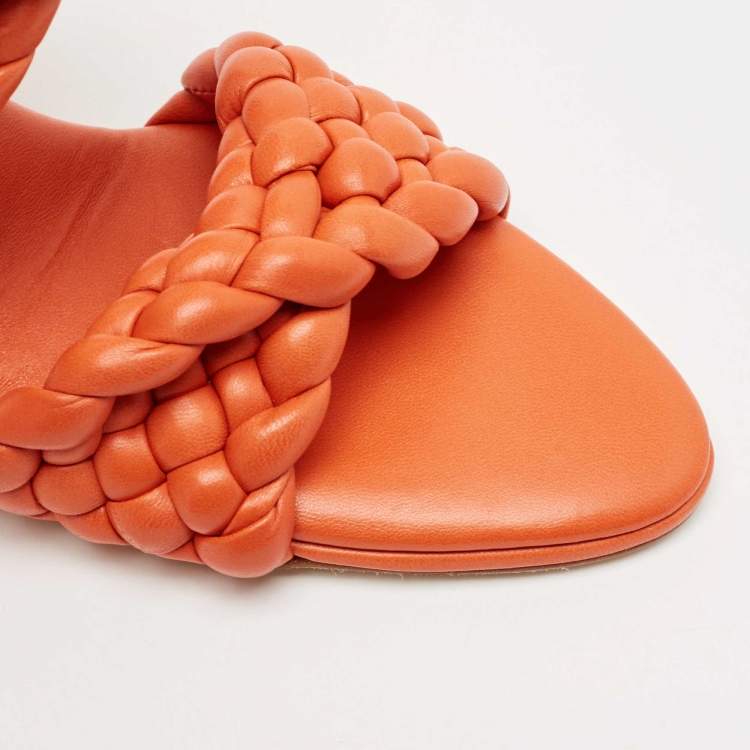 Pre Owned Bottega Veneta Orange Intrecciato Leather Curve Slide Sandals Size 39