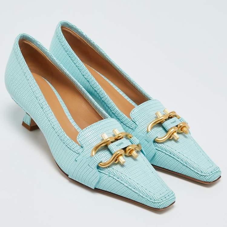 Pre Owned Bottega Veneta Blue Embossed Leather BV Madame Pumps Size 36