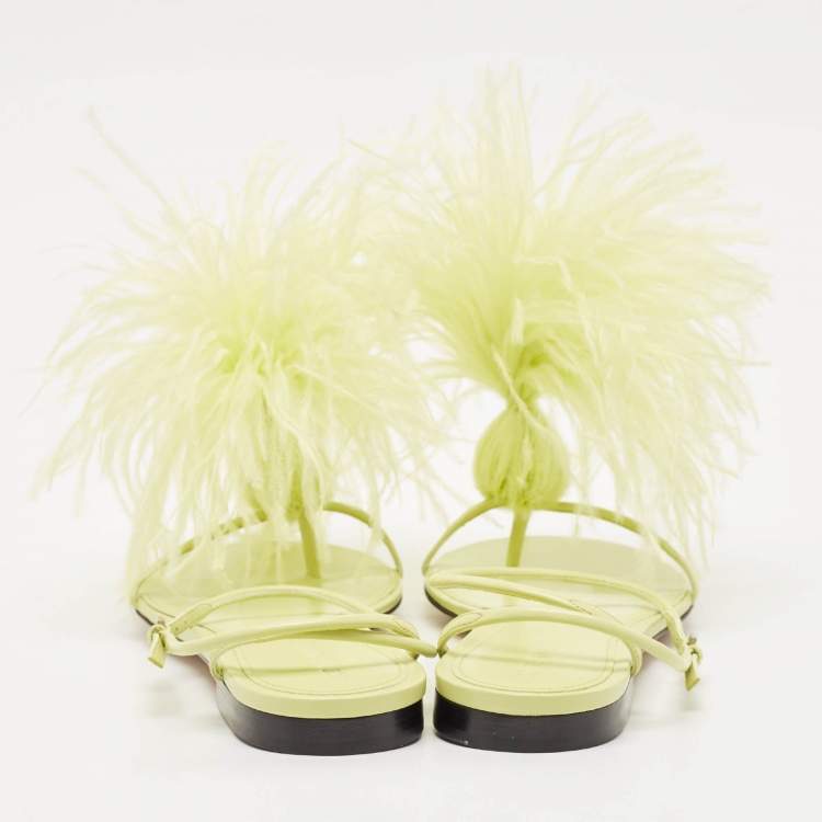 Pre Owned Bottega Veneta Green Feather and Leather Flat Slides Size 38