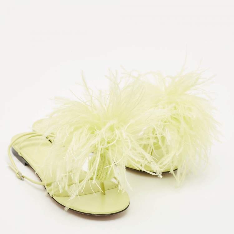 Pre Owned Bottega Veneta Green Feather and Leather Flat Slides Size 38