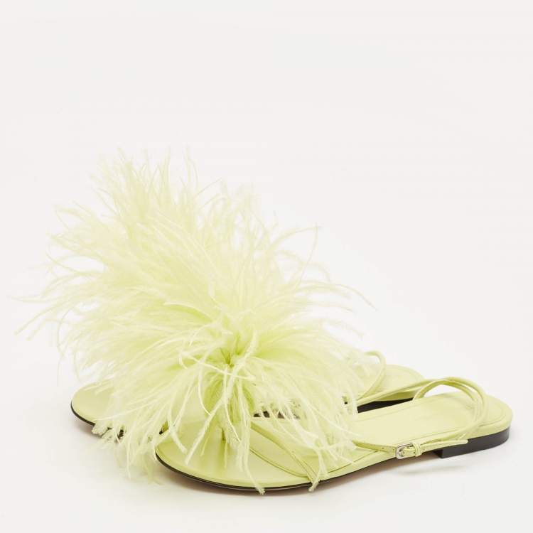 Pre Owned Bottega Veneta Green Feather and Leather Flat Slides Size 38