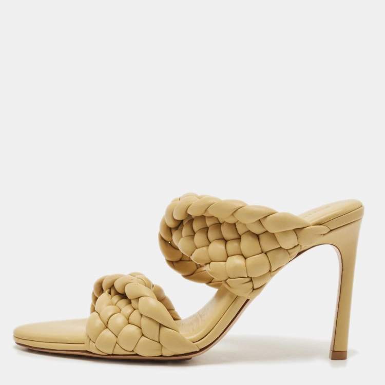 Pre Owned Bottega Veneta Yellow Leather Braided Accents Slides Size 38