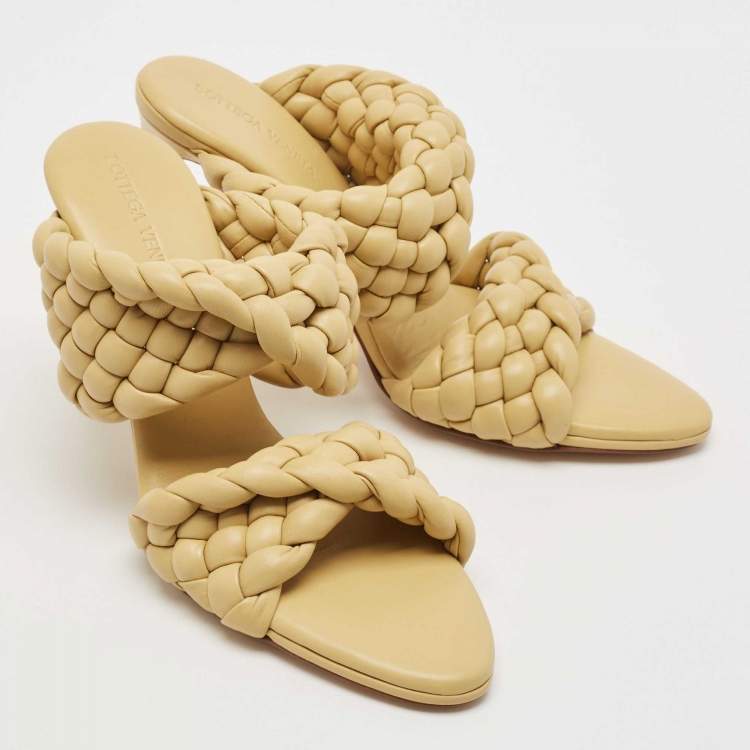 Pre Owned Bottega Veneta Yellow Leather Braided Accents Slides Size 38