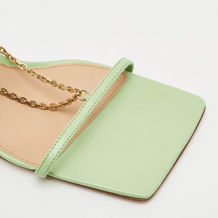 Pre Owned Bottega Veneta Green Leather Chain Stretch Sandals Size 37