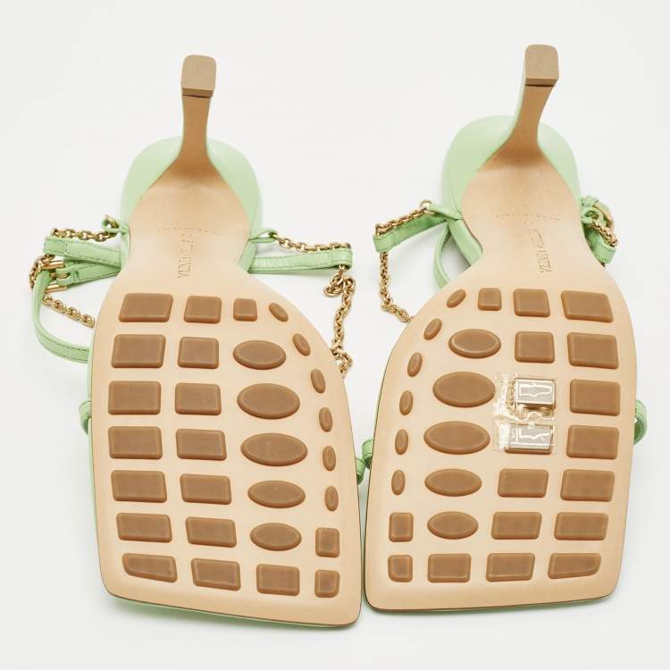 Pre Owned Bottega Veneta Green Leather Chain Stretch Sandals Size 37
