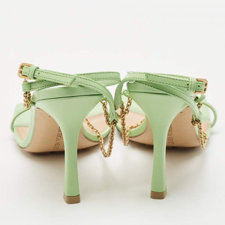 Pre Owned Bottega Veneta Green Leather Chain Stretch Sandals Size 37