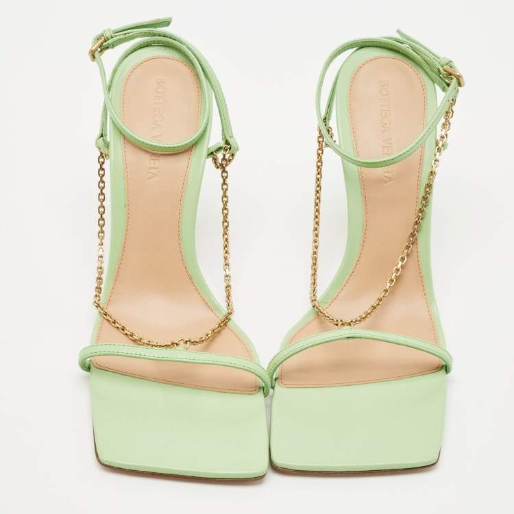 Pre Owned Bottega Veneta Green Leather Chain Stretch Sandals Size 37