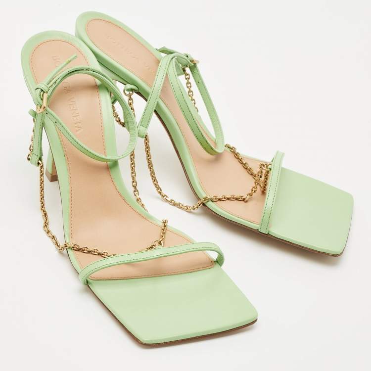 Pre Owned Bottega Veneta Green Leather Chain Stretch Sandals Size 37