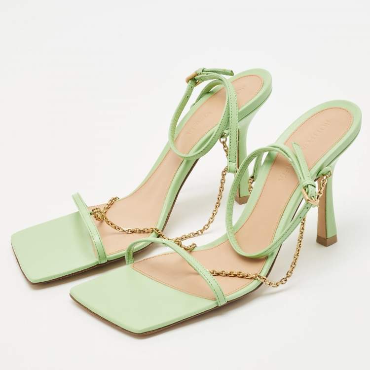 Pre Owned Bottega Veneta Green Leather Chain Stretch Sandals Size 37