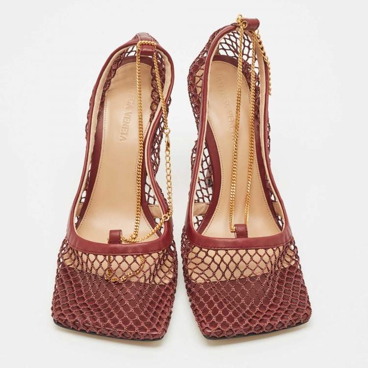 Pre Owned Bottega Veneta Burgundy Mesh and Leather Chain Stretch Pumps Size 38