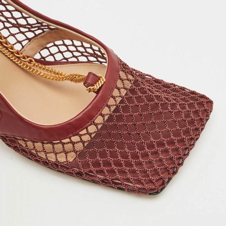 Pre Owned Bottega Veneta Burgundy Mesh and Leather Chain Stretch Pumps Size 38