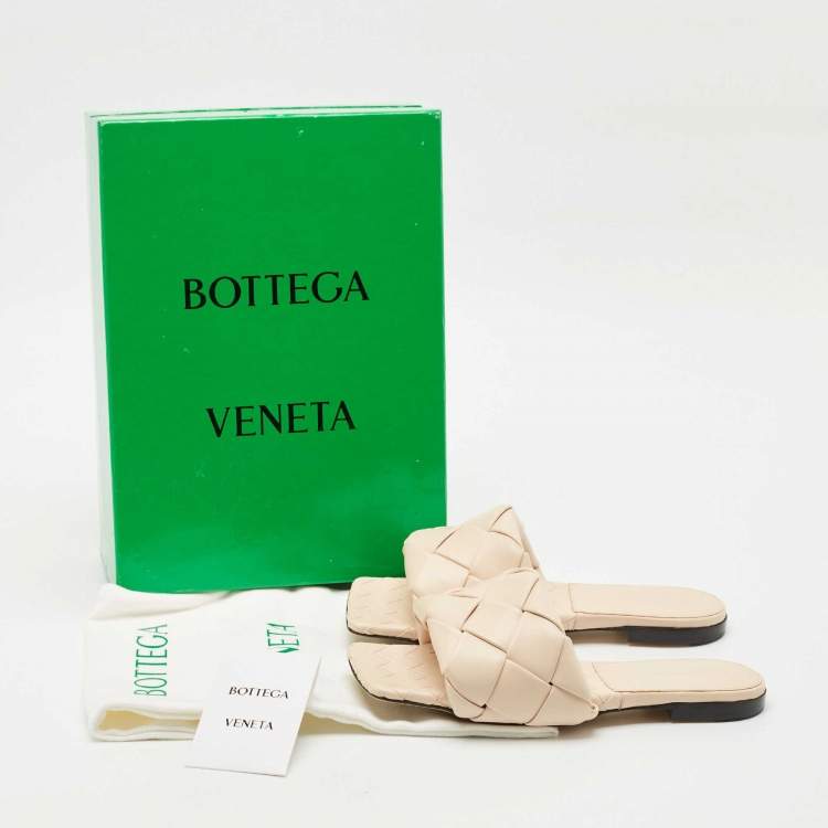 Pre Owned Bottega Veneta Beige Intrecciato Leather Lido Flat Slides Size 38