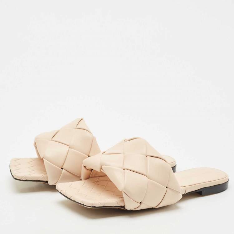 Pre Owned Bottega Veneta Beige Intrecciato Leather Lido Flat Slides Size 38