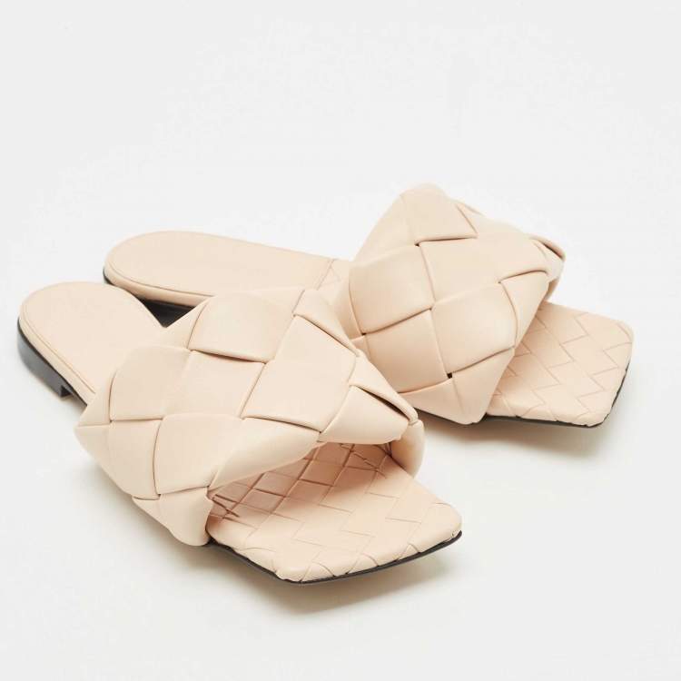 Pre Owned Bottega Veneta Beige Intrecciato Leather Lido Flat Slides Size 38