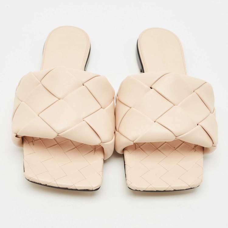 Pre Owned Bottega Veneta Beige Intrecciato Leather Lido Flat Slides Size 38