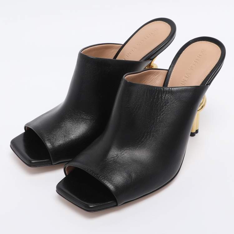 Pre Owned Bottega Veneta Black Leather Knot Heel Mules Size 37