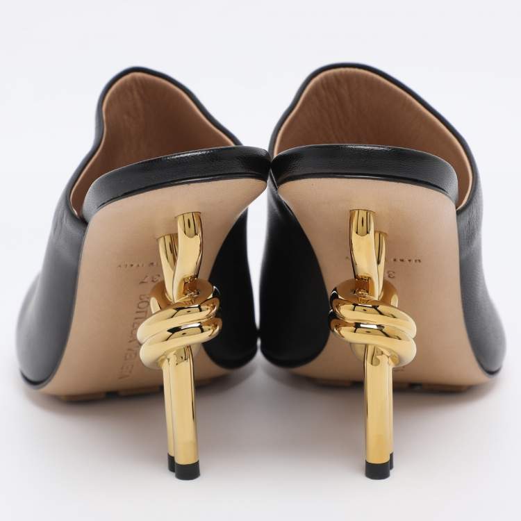 Pre Owned Bottega Veneta Black Leather Knot Heel Mules Size 37