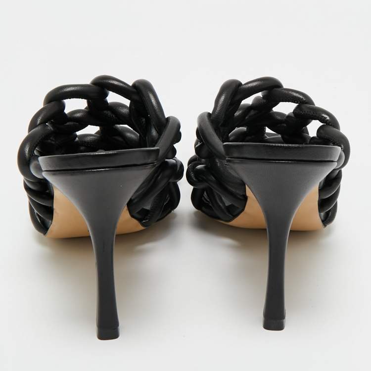 Pre Owned Bottega Veneta Black Leather Braided Accents Slide sandals