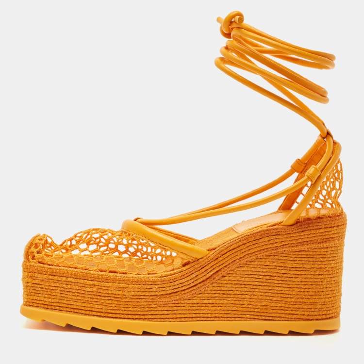 Pre Owned Bottega Veneta Orange Mesh and Leather Wedge Espadrilles Ankle Tie Sandals Size 36