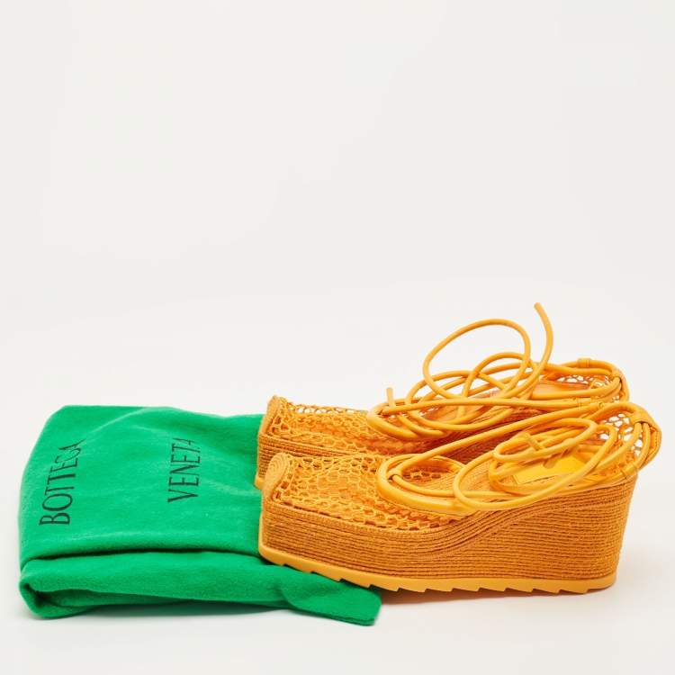 Pre Owned Bottega Veneta Orange Mesh and Leather Wedge Espadrilles Ankle Tie Sandals Size 36