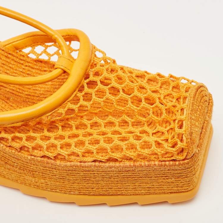 Pre Owned Bottega Veneta Orange Mesh and Leather Wedge Espadrilles Ankle Tie Sandals Size 36