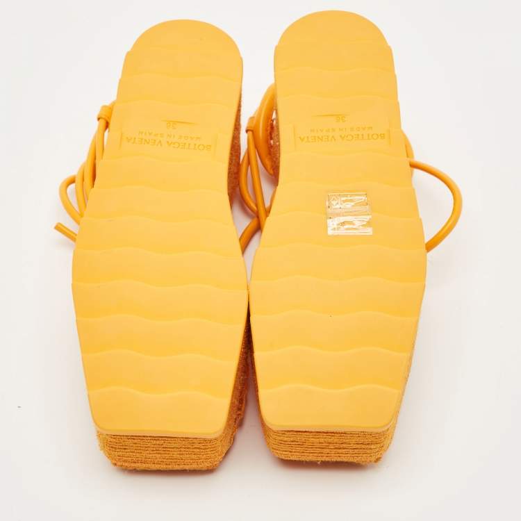 Pre Owned Bottega Veneta Orange Mesh and Leather Wedge Espadrilles Ankle Tie Sandals Size 36