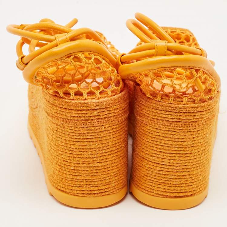 Pre Owned Bottega Veneta Orange Mesh and Leather Wedge Espadrilles Ankle Tie Sandals Size 36