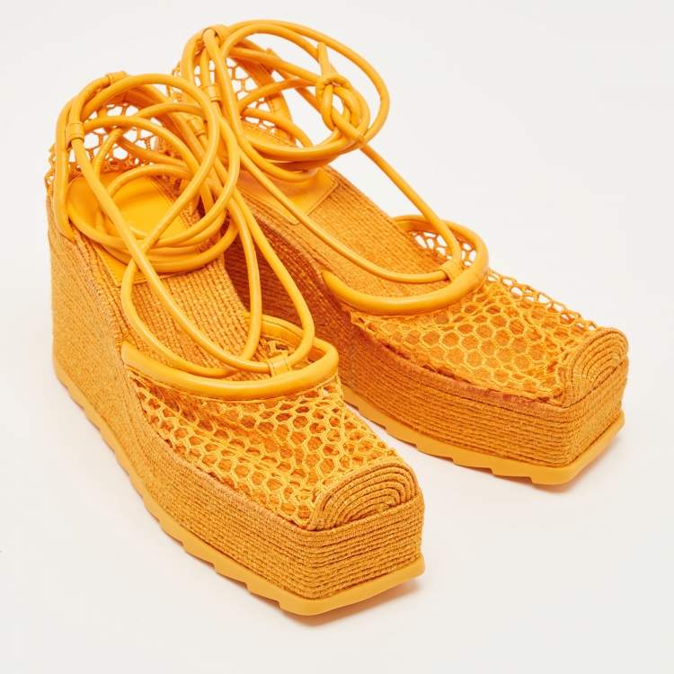 Pre Owned Bottega Veneta Orange Mesh and Leather Wedge Espadrilles Ankle Tie Sandals Size 36