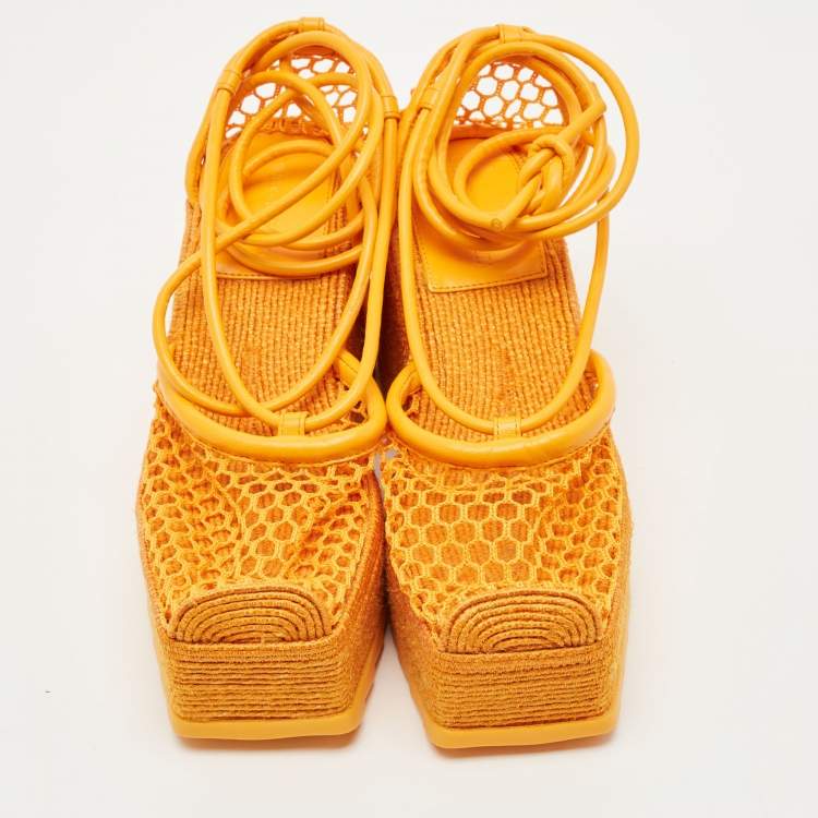 Pre Owned Bottega Veneta Orange Mesh and Leather Wedge Espadrilles Ankle Tie Sandals Size 36