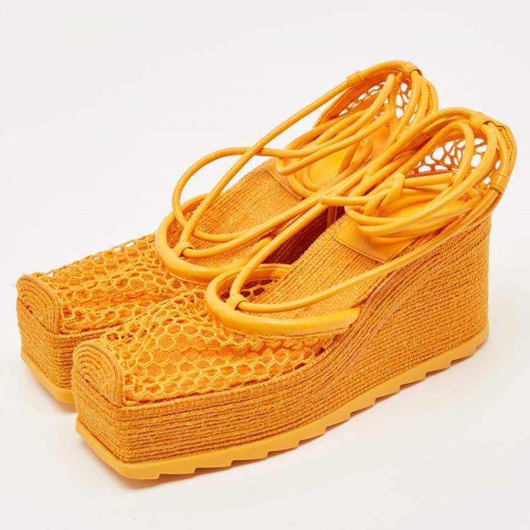 Pre Owned Bottega Veneta Orange Mesh and Leather Wedge Espadrilles Ankle Tie Sandals Size 36