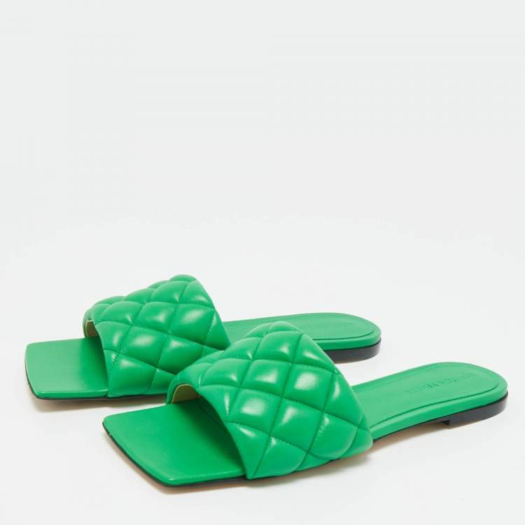 Pre Owned Bottega Veneta Green Intrecciato Leather Lido Flat Slides Size 37.5