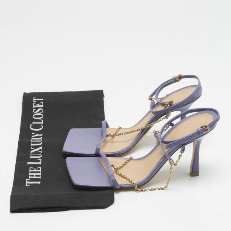 Pre Owned Bottega Veneta Purple Leather Chain Stretch Ankle Strap Sandals Size 37.5