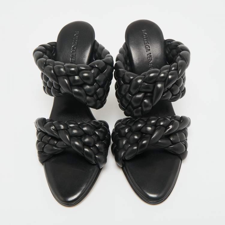 Pre Owned Bottega Veneta Black Intrecciato Leather Curve Slide Sandals Size 35