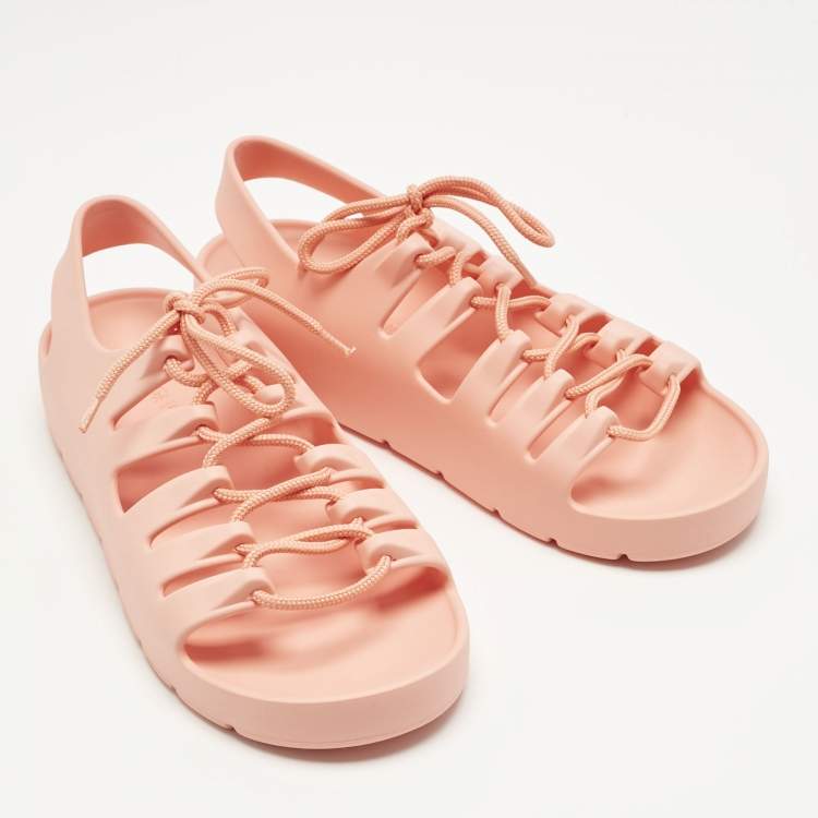 Pre Owned Bottega Veneta Orange Jelly Lace Flat Sandals Size 40